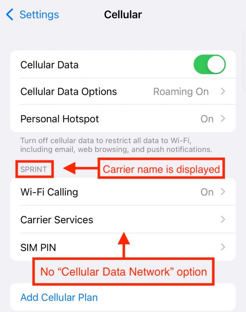 Locked iPhone Cellular Data Network